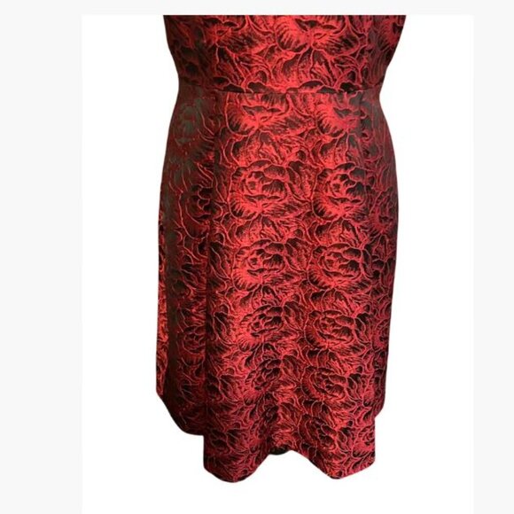 White House Black Market Red and Black Rose Motif Jacquard A-Line Dress 8 EUC - Picture 9 of 12